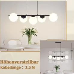 NETTLIFE Suspension noir E27 verre lampe à suspendre 5-flamme lampe de salle à manger moderne 150CM