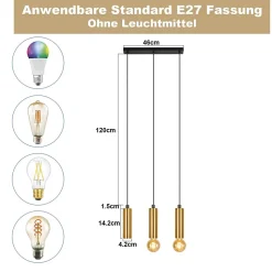 NETTLIFE Suspension or 3 ampoules lampe suspendue - lampe suspendue table à manger E27 industrielle métal suspendue