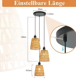 Nettlife Suspension Rotin Boho 3 Lampes - Lustre Vintage Tressé Corde Chanvre E27 (Sans Ampoule)
