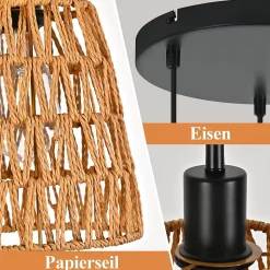 Nettlife Suspension Rotin Boho 3 Lampes - Lustre Vintage Tressé Corde Chanvre E27 (Sans Ampoule)