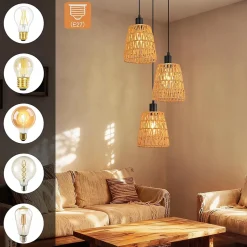 Nettlife Suspension Rotin Boho 3 Lampes - Lustre Vintage Tressé Corde Chanvre E27 (Sans Ampoule)