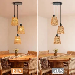 Nettlife Suspension Rotin Boho 3 Lampes - Lustre Vintage Tressé Corde Chanvre E27 (Sans Ampoule)