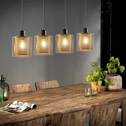 NETTLIFE Suspension salon doré lampe suspendue vintage 3 ampoules E14 verre industriel HAUTEUR RÉGLABLE