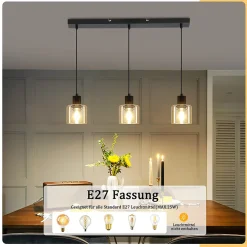 NETTLIFE Suspension table à manger lampe suspendue vintage 3 ampoules suspendues E27 métal noir rétro industriel