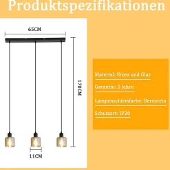 NETTLIFE Suspension table à manger lampe suspendue vintage 3 ampoules suspendues E27 métal noir rétro industriel