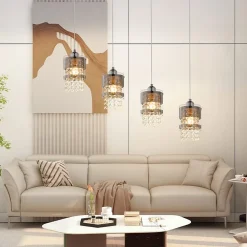 NETTLIFE Suspension Table à manger Moderne Verre Suspension 4 Flammes Suspendue 150CM Réglable en hauteur Cristal E27