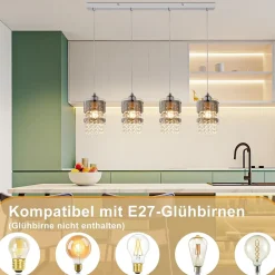 NETTLIFE Suspension Table à manger Moderne Verre Suspension 4 Flammes Suspendue 150CM Réglable en hauteur Cristal E27