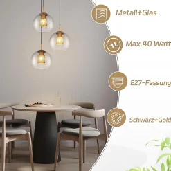 NETTLIFE Suspension table de salle à manger en verre - 1 flamme Vintage E27 Lampe à suspendre noir