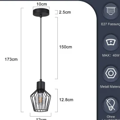 NETTLIFE Suspension table à manger suspension noire suspension E27 1 flamme métal