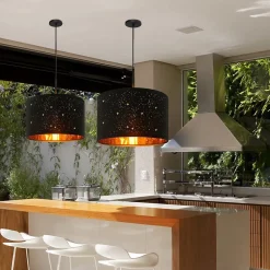 NETTLIFE Suspension Tissu Noir Or Diam.38CM E27 Moderne Ciel Étoilé Tissu Abat-Jour Vintage pour Salle à Manger Salon Chambre