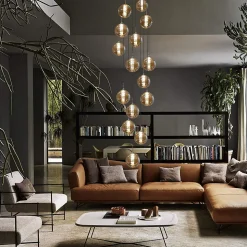 NETTLIFE Suspension Verre Ambre Moderne Diam.41cm G9 Escalier Hauteur Réglable Lustre 15 Ampoules Cuisine Couloir Lampe pour Salon