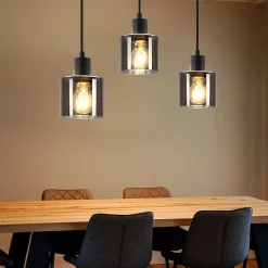 NETTLIFE Suspension Verre Noir Diam.68 cm E27 Vintage 3 Ampoules Lampe de Salle à Manger Lampe à Industrielle Rétro