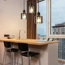 NETTLIFE Suspension Verre Noir Diam.68 cm E27 Vintage 3 Ampoules Lampe de Salle à Manger Lampe à Industrielle Rétro