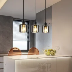 NETTLIFE Suspension Verre Noir Diam.68 cm E27 Vintage 3 Ampoules Lampe de Salle à Manger Lampe à Industrielle Rétro