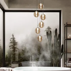 NETTLIFE Suspension verre Diam.31cm G9 ambre table à manger boule réglable en hauteur 6 lampes dans la cuisine