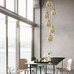 NETTLIFE Suspension verre Diam.31cm G9 ambre table à manger boule réglable en hauteur 6 lampes dans la cuisine
