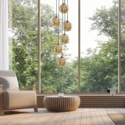 NETTLIFE Suspension verre Diam.31cm G9 ambre table à manger boule réglable en hauteur 6 lampes dans la cuisine