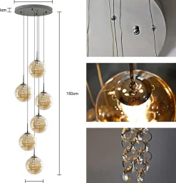 NETTLIFE Suspension verre Diam.31cm G9 ambre table à manger boule réglable en hauteur 6 lampes dans la cuisine