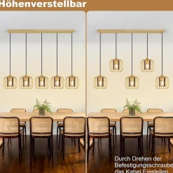 Nettlife Suspension Vintage 5 Lumières, Lustre Salle à Manger en Verre et Métal, Rétro E27 Réglable en Hauteur(sans Ampoules)