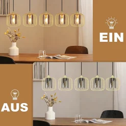 Nettlife Suspension Vintage 5 Lumières, Lustre Salle à Manger en Verre et Métal, Rétro E27 Réglable en Hauteur(sans Ampoules)