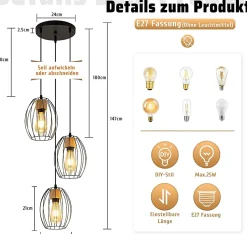 Nettlife Suspension Vintage 3 Lampes - Lustre Industriel Métal Noir & Bois E27 - Cuisine Salle à Manger Salon (Sans Ampoule)