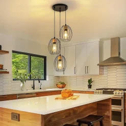 Nettlife Suspension Vintage 3 Lampes - Lustre Industriel Métal Noir & Bois E27 - Cuisine Salle à Manger Salon (Sans Ampoule)