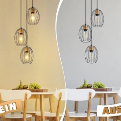 Nettlife Suspension Vintage 3 Lampes - Lustre Industriel Métal Noir & Bois E27 - Cuisine Salle à Manger Salon (Sans Ampoule)