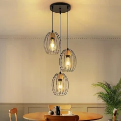 Nettlife Suspension Vintage 3 Lampes - Lustre Industriel Métal Noir & Bois E27 - Cuisine Salle à Manger Salon (Sans Ampoule)