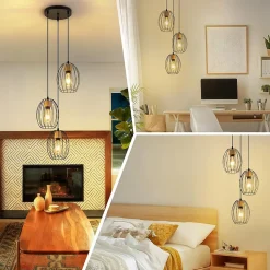 Nettlife Suspension Vintage 3 Lampes - Lustre Industriel Métal Noir & Bois E27 - Cuisine Salle à Manger Salon (Sans Ampoule)