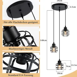 Nettlife Suspension Vintage 3 Lampes - Lustre Métal Noir E14 Rétro - Hauteur Réglable Cuisine Salle à Manger (Sans Ampoule)