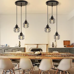 Nettlife Suspension Vintage 3 Lampes - Lustre Métal Noir E14 Rétro - Hauteur Réglable Cuisine Salle à Manger (Sans Ampoule)