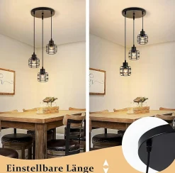 Nettlife Suspension Vintage 3 Lampes - Lustre Métal Noir E14 Rétro - Hauteur Réglable Cuisine Salle à Manger (Sans Ampoule)