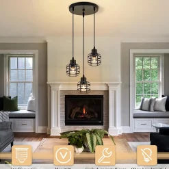 Nettlife Suspension Vintage 3 Lampes - Lustre Métal Noir E14 Rétro - Hauteur Réglable Cuisine Salle à Manger (Sans Ampoule)