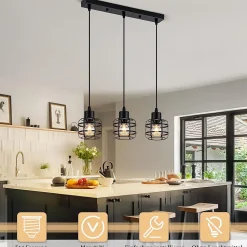 Nettlife Suspension Vintage 3 Lampes - Lustre Métal Noir E14 Rétro - Hauteur Réglable pour Salle à Manger Salon (Sans Ampoule)