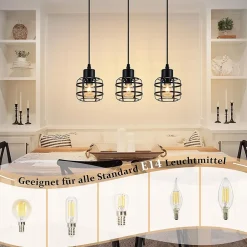 Nettlife Suspension Vintage 3 Lampes - Lustre Métal Noir E14 Rétro - Hauteur Réglable pour Salle à Manger Salon (Sans Ampoule)