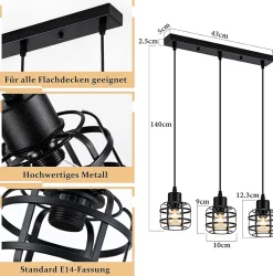 Nettlife Suspension Vintage 3 Lampes - Lustre Métal Noir E14 Rétro - Hauteur Réglable pour Salle à Manger Salon (Sans Ampoule)