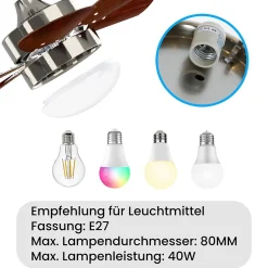 NETTLIFE Ventilateur de plafond avec éclairage, télécommande, silencieux, avec minuterie, 6 pales, pour chambre à coucher