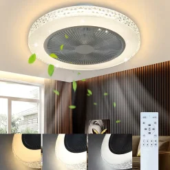 NETTLIFE Ventilateur plafond LED 48,5CM silencieux gradable timer crystal salon/chambre