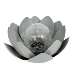 Nénuphar solaire en métal gris- diffuseur en verre avec effet verre brisée- Diamètre 25cm- 7 Lumens- Eclairage extérieur Jardin
