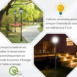 Outsunny Luminaire extérieur solaire lampadaire lanterne classique LED 60 Lm max. dim. 26L x 26l x 177H cm noir