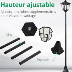 Outsunny Luminaire extérieur solaire lampadaire lanterne classique LED 60 Lm max. dim. 26L x 26l x 177H cm noir
