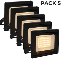 Pack de 5 Projecteur LED Extérieur IP65 Imperméable 30W 2850Lm 3000K Lumière Chaude pour Maison Garage Jardin Terrasse