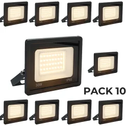 Pack de 10 Projecteur LED Extérieur IP65 Imperméable 30W 2850Lm 3000K Lumière Chaude pour Maison Garage Jardin Terrasse