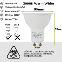 Pack de 10 Ampoules LED GU10 7W 45 SMD2835 665lm 220V 3000K Blanc Chaud Sans Scintillement