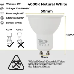 Pack de 10 Ampoules LED GU10 7W 45 SMD2835 665lm 220V 4000K Blanc Neutre Sans Scintillement
