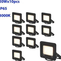 Pack de 10 Projecteurs LED Extérieur 20W IP65 Étanche 1900Lm 3000K Blanc Chaud Idéal pour Maison Garage Patio Terrasse