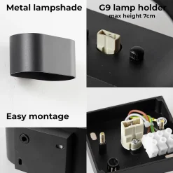 Paquet de 2 appliques murales intérieures en aluminium noir avec éclairage en haut et en bas support G9 ampoule non incl