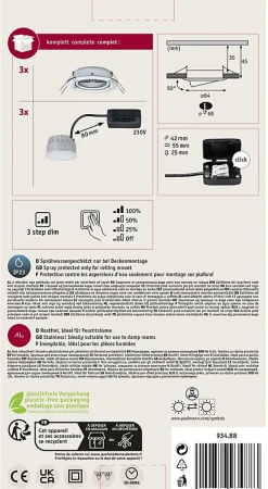 Paulmann Nova 93488 - Spot encastrable LED 3 pièces 18 W chrome, orientable, dimmable