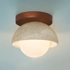 Petit éclairage en pierre naturelle bois et verre rond dépoli - Pietra