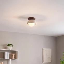 Petit éclairage en pierre naturelle bois et verre rond dépoli - Pietra